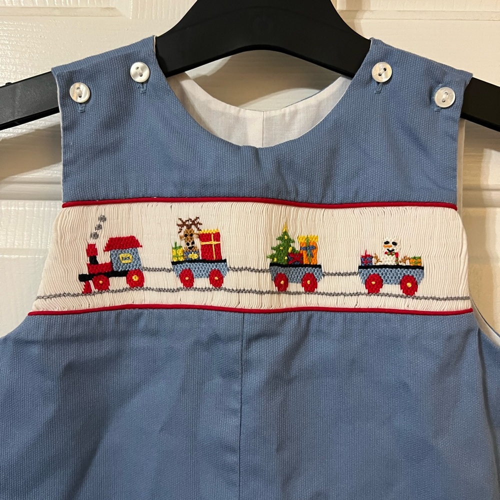 Baby Boy 9mo Blue Smocked Christmas Train Presents Romper Jumper Holiday Longall